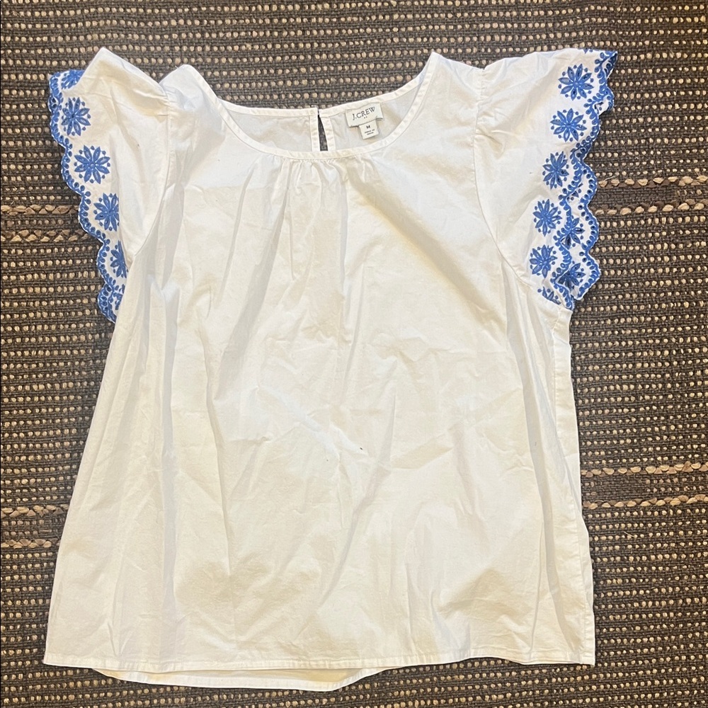 J.crew White Blouse with Blue Embroidery